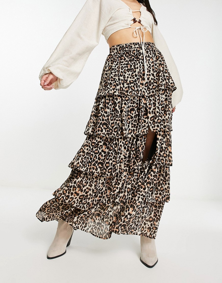 Miss Selfridge festival chiffon tiered maxi skirt in leopard print-Brown