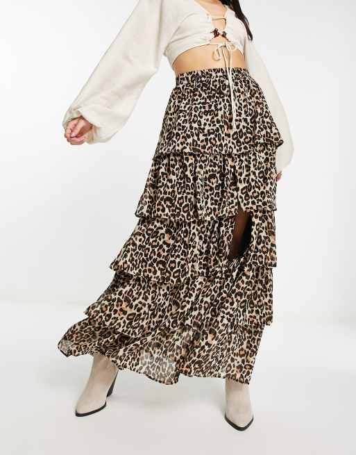Miss Selfridge festival chiffon tiered maxi skirt in leopard print