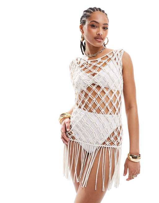 Miss Selfridge - Festival - Cremehvid strand-minikjole med frynser og macrame-detaljer
