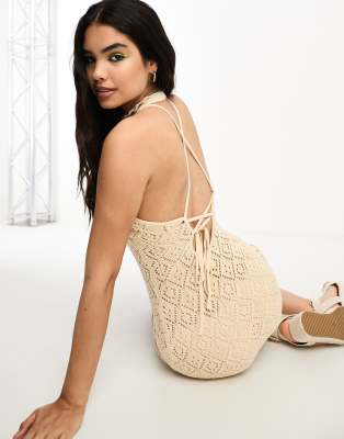 Miss Selfridge festival crochet criss cross open back mini dress in cream-White