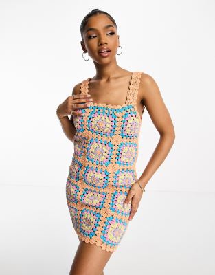 Miss Selfridge Festival Crochet Knit Mini Dress In Multi