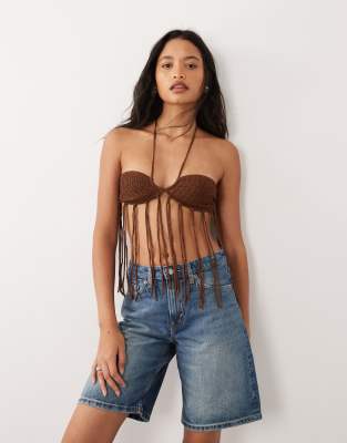 Miss Selfridge festival crochet knit tassel bra top in chocolate