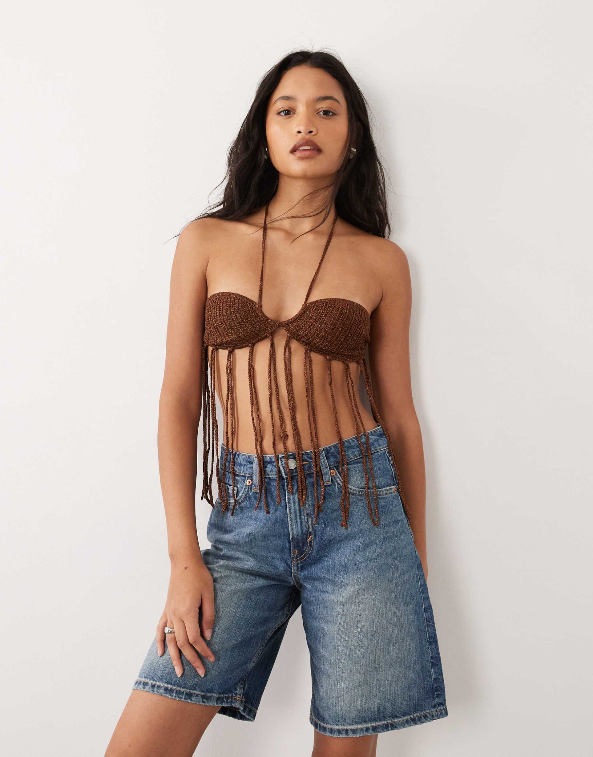 miss selfridge festival crochet knit tassel bra top in chocolate