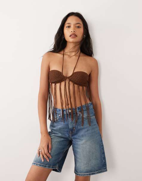 Miss Selfridge festival crochet knit tassle bra top in chocolate - view 1