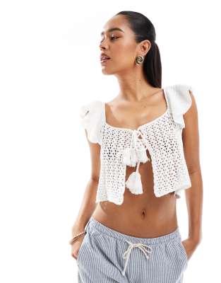 Miss Selfridge festival crochet tie detail top in cream - view 1