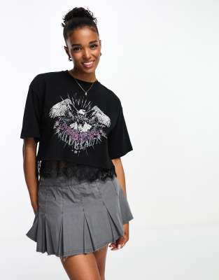 Miss Selfridge Festival Eagle Graphic Cropped T-shirt With Lace Hem In Black