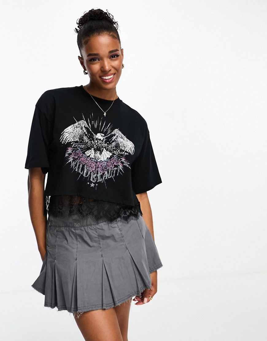 Miss Selfridge festival eagle graphic cropped T-shirt with lace hem in black