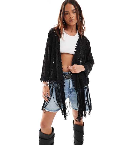 Miss Selfridge festival embellished cutwork fringe kimono jacket in black - view 1