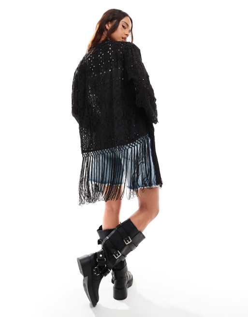 Miss Selfridge festival embellished cutwork fringe kimono jacket in black, 3 of 4