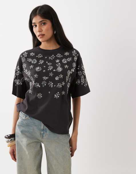 Miss Selfridge festival embellished oversized tee in charcoal - view 1