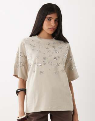 Miss Selfridge festival embellished oversized tee in stone