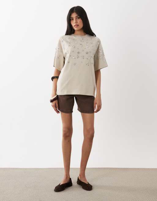 Miss Selfridge festival embellished oversized tee in stone, 2 of 4