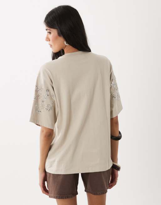 Miss Selfridge festival embellished oversized tee in stone, 3 of 4