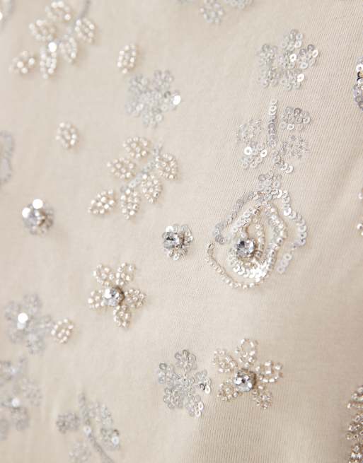 Miss Selfridge festival embellished oversized tee in stone, 4 of 4