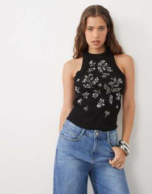 Miss Selfridge festival embellished racer vest top in black
