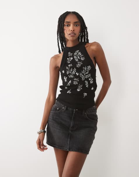 Miss Selfridge festival embellished racer vest top in black - view 1
