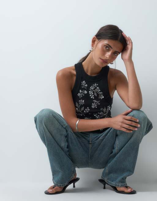 Miss Selfridge festival embellished racer vest top in black, 2 of 4