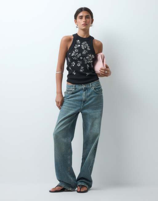 Miss Selfridge festival embellished racer vest top in black, 3 of 4
