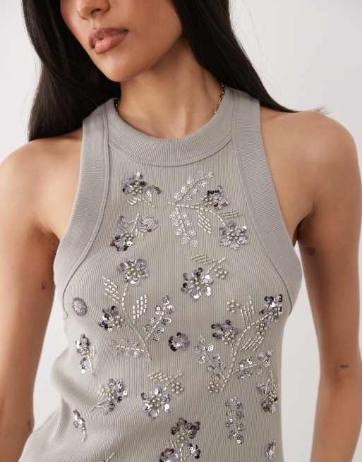 Miss Selfridge festival embellished racer vest top in sage, 4 of 4