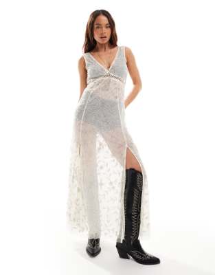 Miss Selfridge Festival Embellished Sheer Maxi Dress In Ivory-white