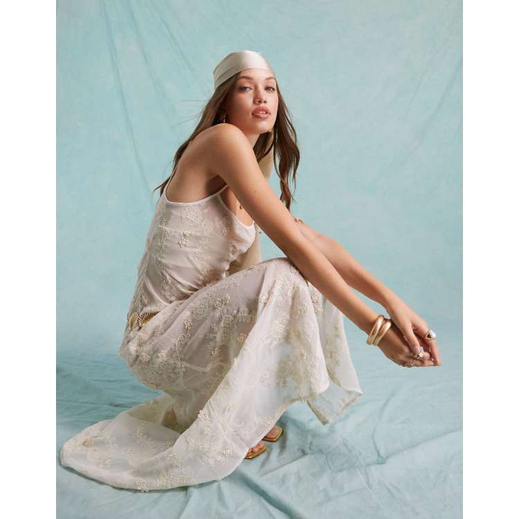 Miss Selfridge festival embroidered 3D floral sheer maxi dress in