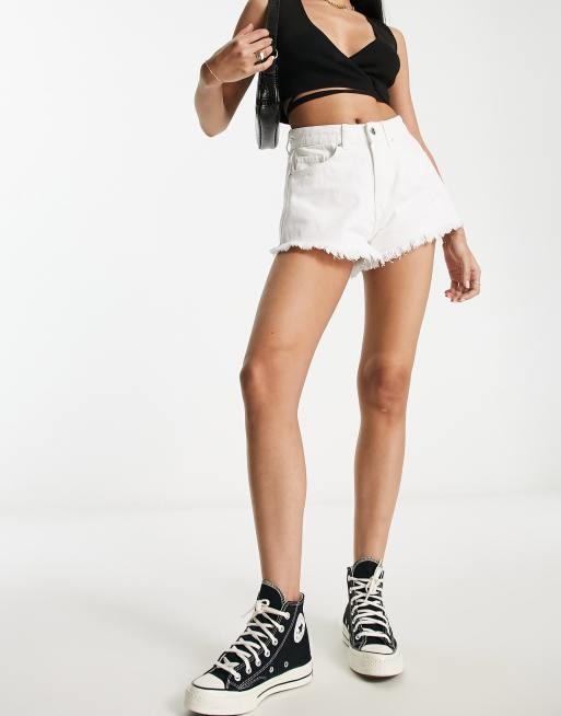 Miss Selfridge festival extreme fray denim shorts in white 