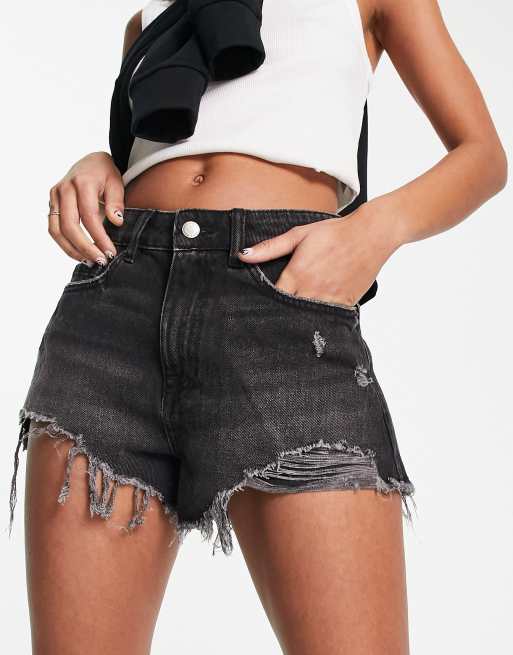 Miss Selfridge festival extreme rip denim shorts in washed black
