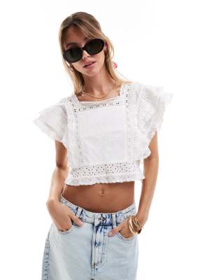 festival eyelet lace trim angel sleeve top in ivory-White