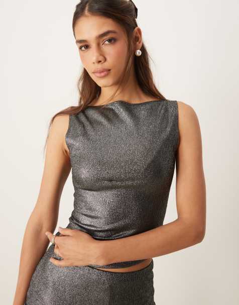 Miss Selfridge festival gold shimmer foil slash neck top - view 1
