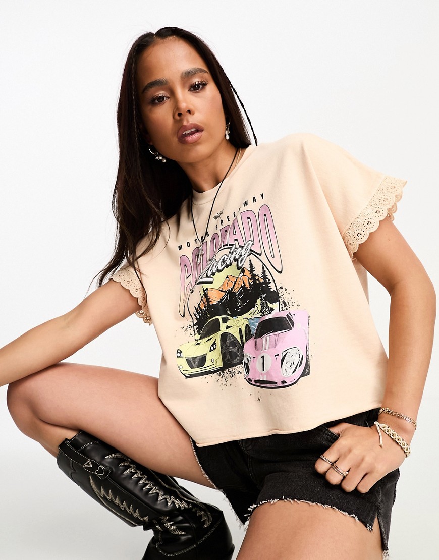 Miss Selfridge festival graphic oversized boxy crop t-shirt with broderie trim in apricot-Neutral