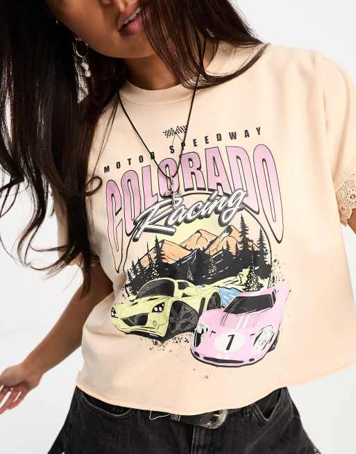 Miss Selfridge festival graphic oversized boxy crop T shirt with