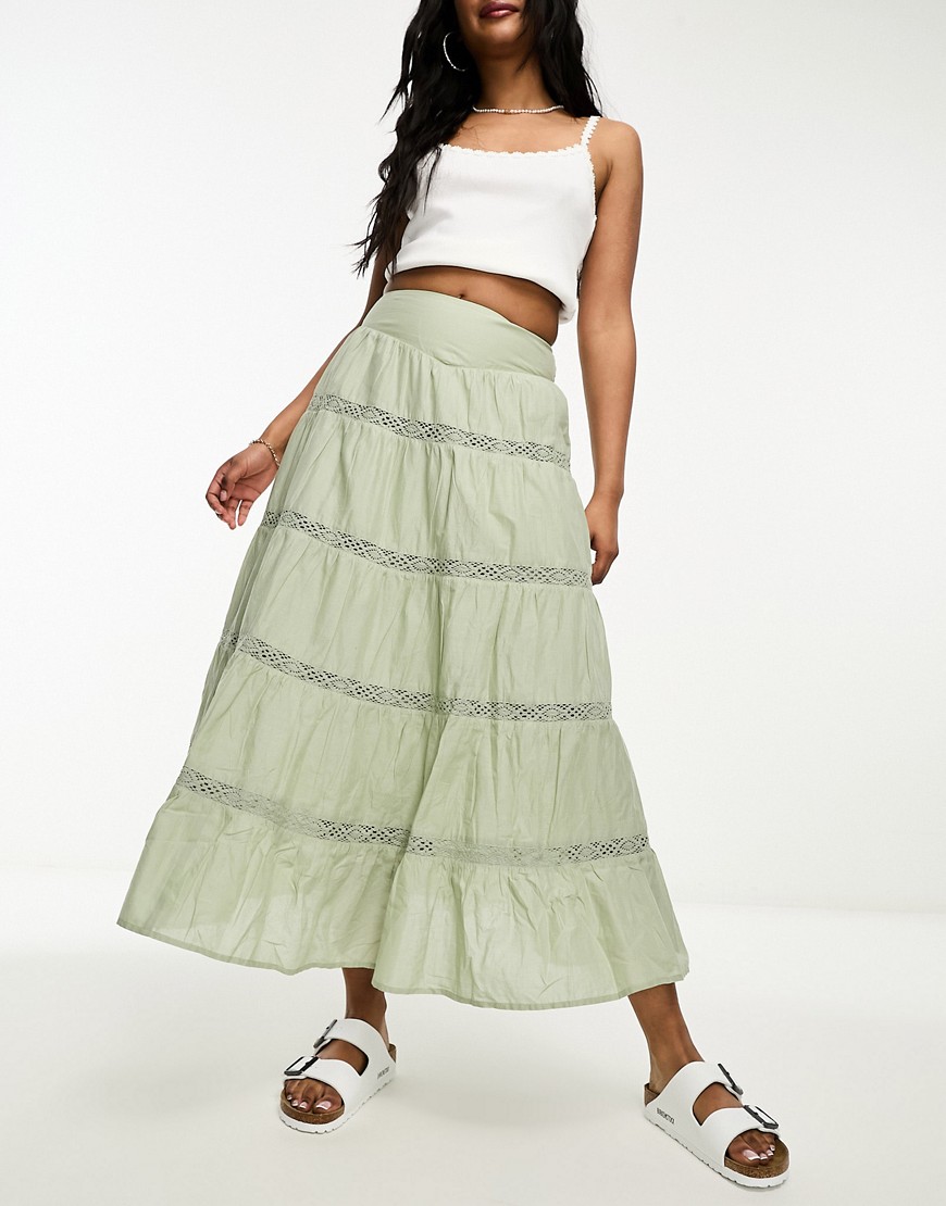 Miss Selfridge Festival Lace Tiered Boho Maxi Skirt In Khaki-green
