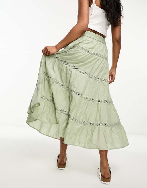 Miss Selfridge poplin tiered maxi skirt in khaki