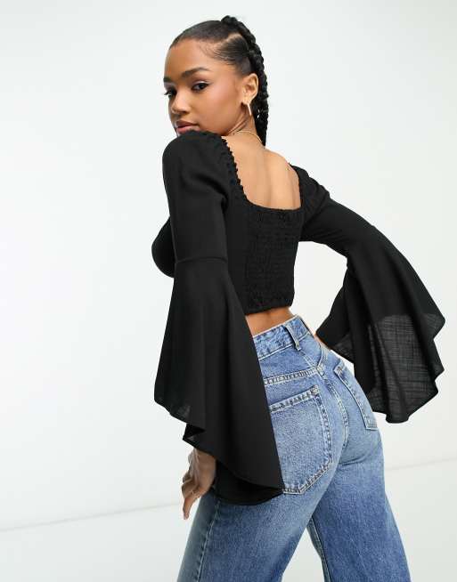 Never Endin' Black Ribbed Two Piece Tie Front Top High Rise Flare