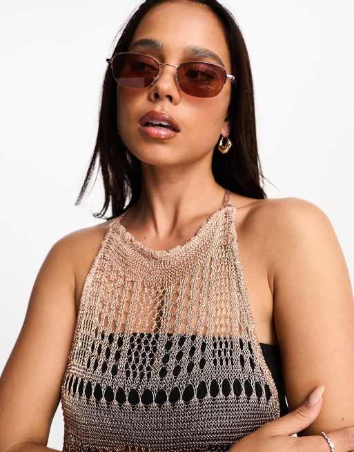 Miss Selfridge festival metallic crochet crisscross back maxi