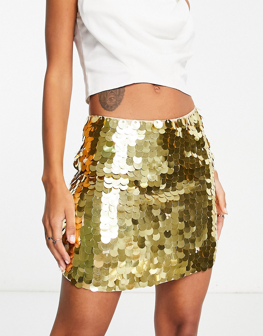 Miss Selfridge Festival Premium disc sequin mini skirt in gold