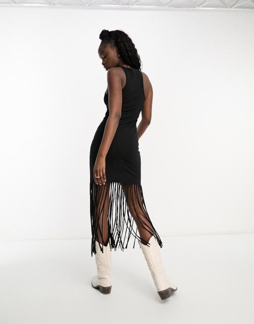 Miss Selfridge festival racer mini dress with fringe hem detail in black