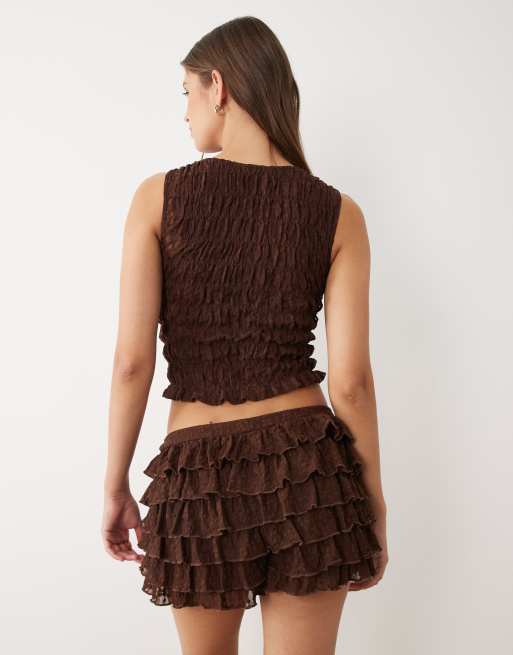 Miss Selfridge festival ruffle lace micro shorts in chocolate, 5 of 5