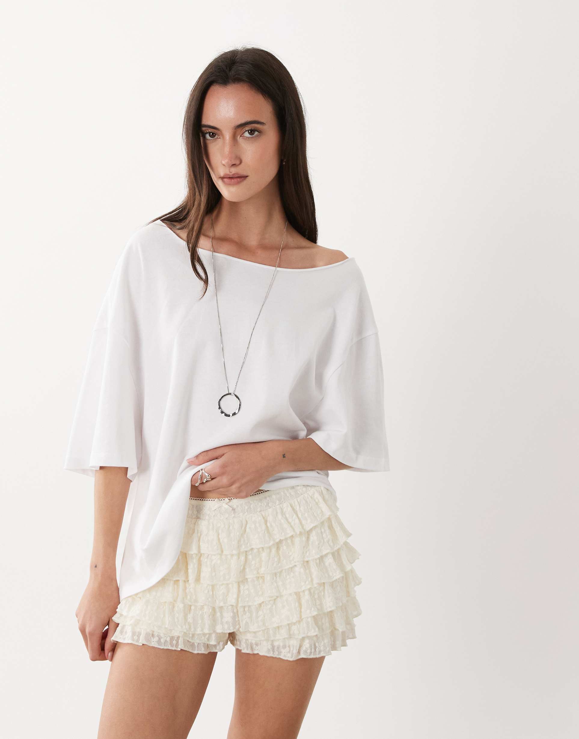 miss selfridge festival ruffle lace micro shorts in cream