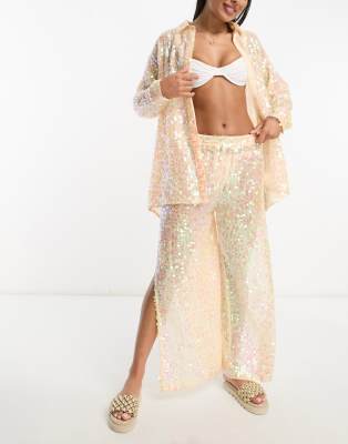 festival sequin sheer wide leg pants - part of a set-Multi