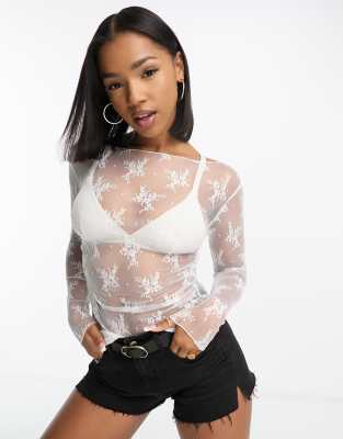 L6687 | Knit Jacquard Lace Long Sleeve Mock Neck Top: Ivory