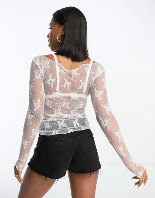 Miss Selfridge festival sheer lace long sleeve ruched top in ivory