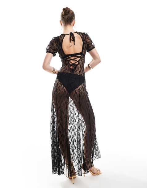 Miss Selfridge festival sheer lace maxi dress with godets in black - view 1