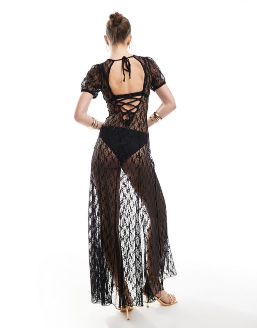 Miss Selfridge festival sheer lace maxi dress with godets in black