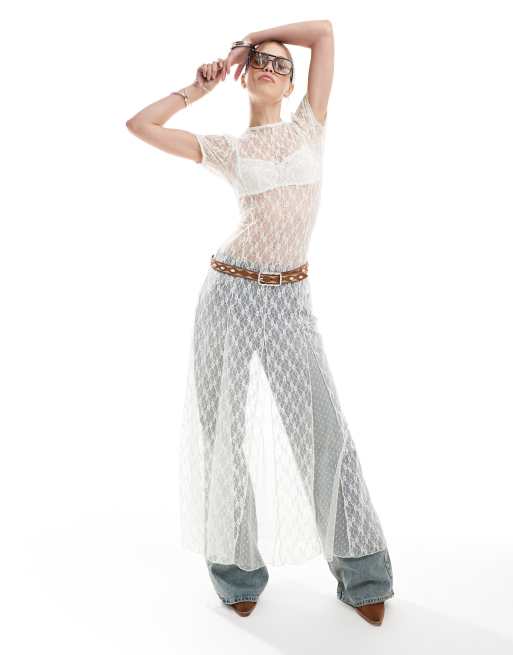 Miss Selfridge festival sheer lace maxi dress with godets in ivory