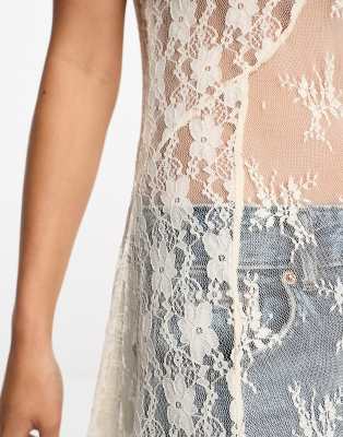 Miss Selfridge festival sheer lace slip dress in cream