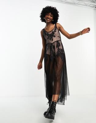 Miss Selfridge festival sheer mesh embroidered midi dress in black, £33.00