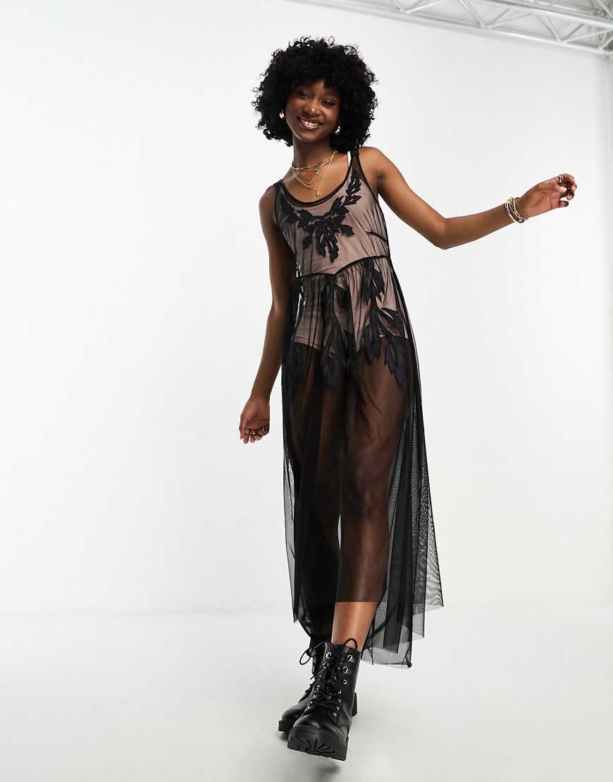 Miss Selfridge festival sheer mesh embroidered midi dress in black