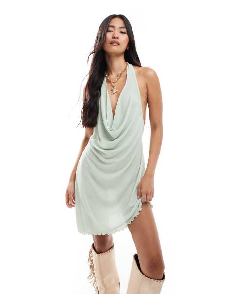 Miss Selfridge festival shimmer asymmetric cowl mini dress in light sage - view 1