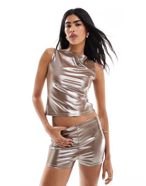 Miss Selfridge festival shimmer racer top co ord in gold